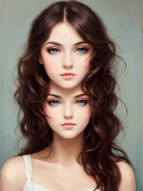 Oil painting woman with wavy long hair, white skin, big eyes, charming, wearing evening dress.