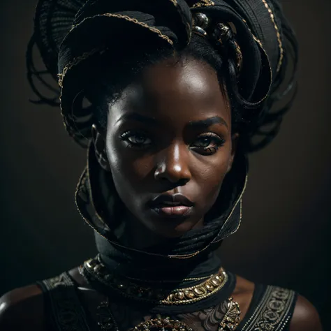 (portrait, dynamic), (expressive pose:1.6), (futuristic style), (A mystical portrait of a black Senegalese woman:1.3), (charcoal black skin tone:1.3), (authentic authority in her eyes: 1.2), wearing dark mascara, the photograph captured in stunning 8k reso...