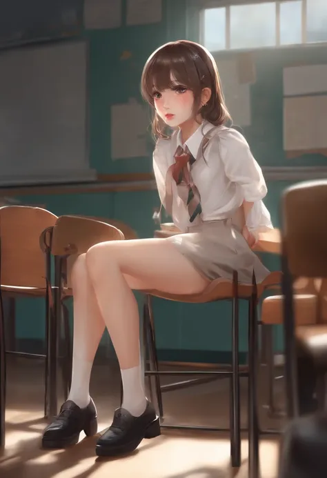 Sweaty girl in high school、Naughty、big eye、Open legs、In the classroom of the school、Sitting on a chair、Boy sitting in the same chair、