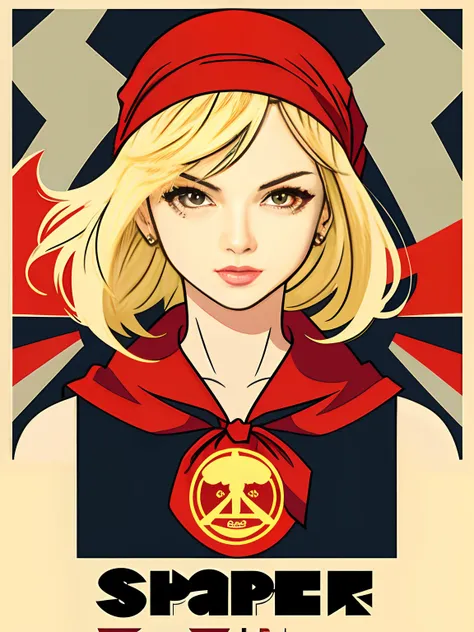 vector poster of a blonde woman with a red bandanna ; in the style of vector art, by shepard fairey