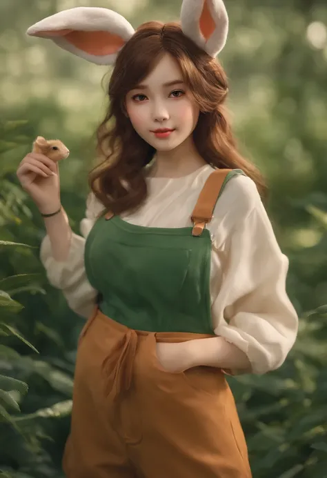 top-quality,ultra-detailliert,​masterpiece,girl with,Rabbit ears,Overall,overall,Green clothing,Brown hair,