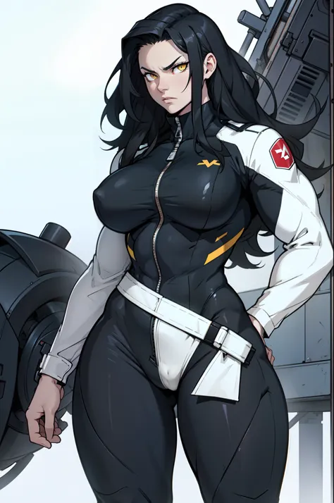 1girl black hair yellow eyes very long hair pale skin angry (((muscular))) thick thighs huge breasts curvy wide hips thin waist pilot suit bodysuit skintight