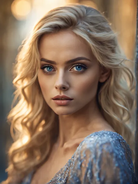 Beautiful blonde woman with sexy appearance and big blue eyes, Cute natural makeup, Realistic, Concept art, elegant, Highly detailed, Complex, sharp-focus, Depth of field, f/1. 8, 85 mm, Mid, Mid, (professional colour grading)), Clear Focus, Bright soft di...