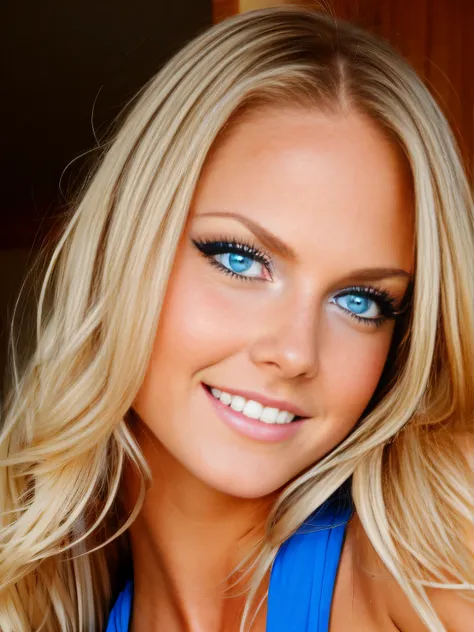 Beautiful blonde woman with sexy appearance and big blue eyes