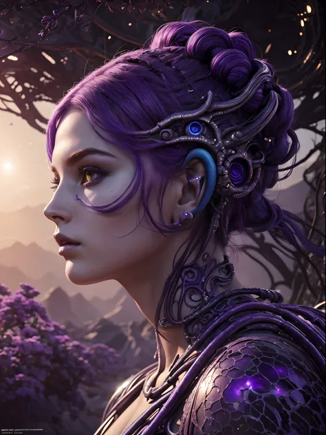 Masterpiece, RAW photo, hyper photorealistic, Beautiful alien girl with a lot of purple hair, on a far fantastic planet, cosmic landscape, cute sexy, highly detailed, sci-fi aesthetic, fantasy aura, unearthly vegetation, by rutkowski, hdr, intricate detail...