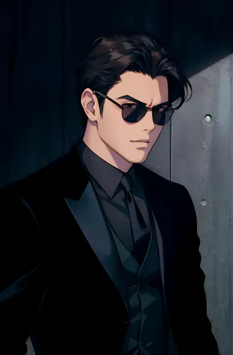 Anime man in black suit and sunglasses in front of a wall, homem bonito anime, terno escuro, cara bonito na arte demon slayer, Nice anime pose, inspirado em Hisui Sugiura, Neo Estilo Preto, Retrato anime de um homem bonito, delicate androgynous prince, Neo...