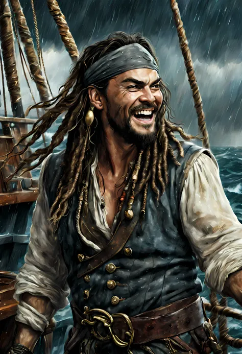 digital painting of (Jason Mamoa) as captain jack sparrow on a ship at sea during a storm, medium shot, laughing, detailed face, high quality masterpiece, high saturation