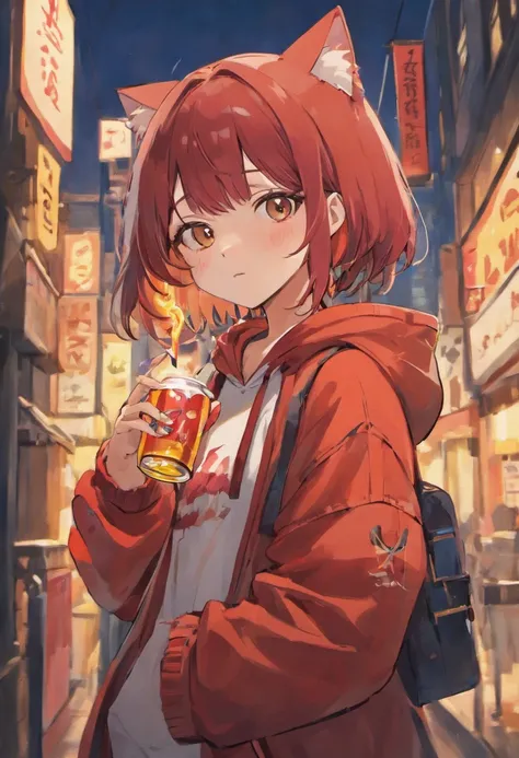 Anime style　Solo Girl　Cigarette in right hand　A can of beer in your left hand　No background　Short Bob　Dark brown hair　The inner color of the hair is red　Wearing a hoodie hood with cat ears and facing the front