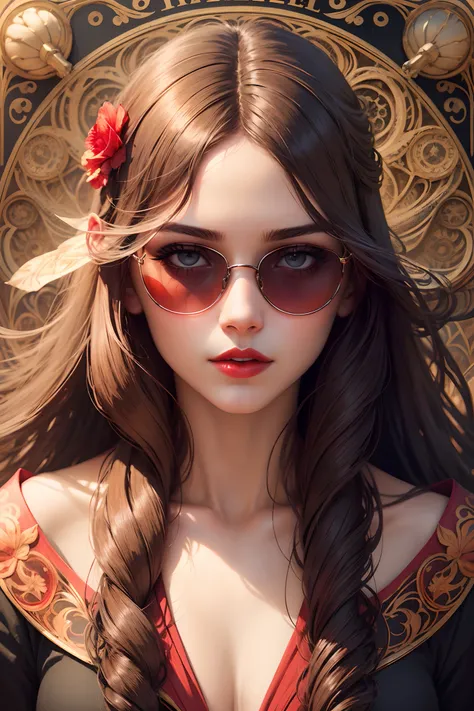 a beautiful girls face wearing sunglasses and red lipstick, a lifelike portrait with every pore and strand of hair visible, Combine multiple images to create a surreal and visually stunning composition, art nouveau.