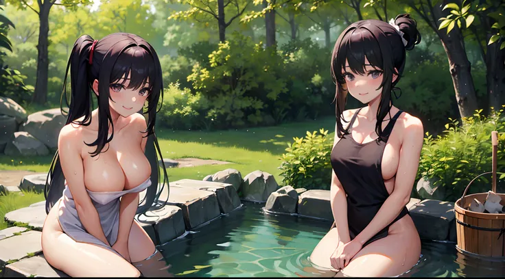 2girls, best quality, 4k, ((masterpiece)), extremely detailed, 8k, trending on ArtStation, Intricate, High Detail, Sharp focus,outdoors, forest, 1girl, towel, black hair, solo, bucket, side ponytail, naked towel, purple eyes, long hair, breasts, cleavage, ...