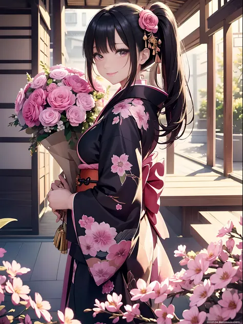 ((masterpiece1.5)),hyper quality, Hyper Detailed,Perfect drawing,1girl,((Bigger breasts)),kawaii ,With smiling eyes,(((Beautiful kimono))),(((Luxury kimono))). 3D,16K illustrations,((clearface)),Hi-Res,nice background、(((beatiful backgrounds)))、(((Detailed...