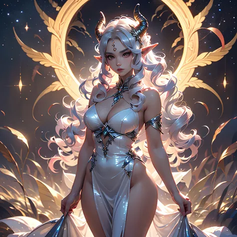 1 woman (elf, goddes of stars, goddes of dragons, albino, white wavy hairs, super long hairs, a lot of hairs, honey brown eyes, grey dress, silver dress, complex dress, long dress, dress cover shoulders, magic, power, serious, a pair of light pink straight...