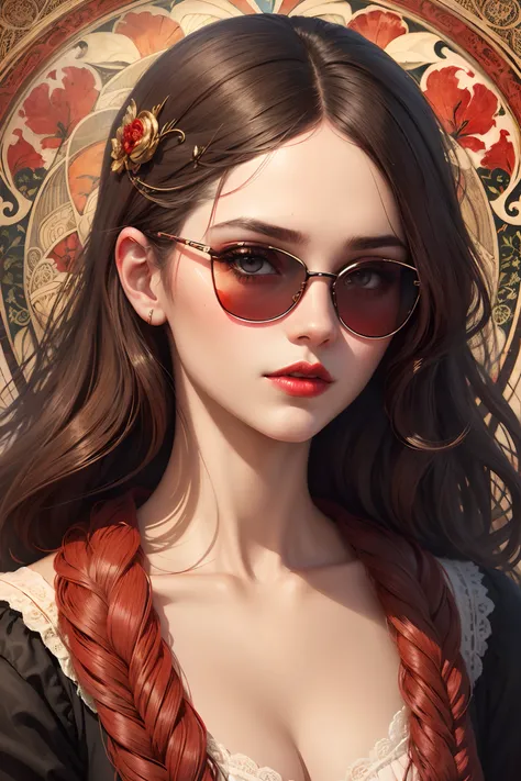 a beautiful girls face wearing sunglasses and red lipstick, a lifelike portrait with every pore and strand of hair visible, Combine multiple images to create a surreal and visually stunning composition, art nouveau.