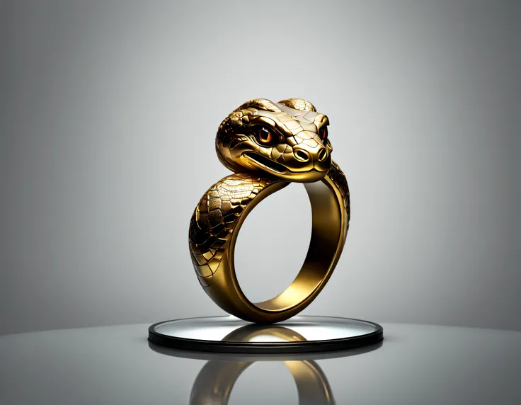 (best quality, 4k, 8k, high resolution, masterpiece: 1.2), ultra detailed, (realistic, photorealistic, photorealistic: 1.37) a golden metal ring with a beautiful snake head, a true work of art, is located on a glass base reflector, with exquisite lighting