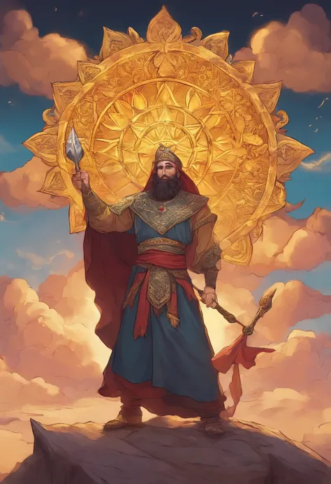 Persian young adult male cleric worshipping sun god, usando cota de malha com turbante, escudo e cimitarra