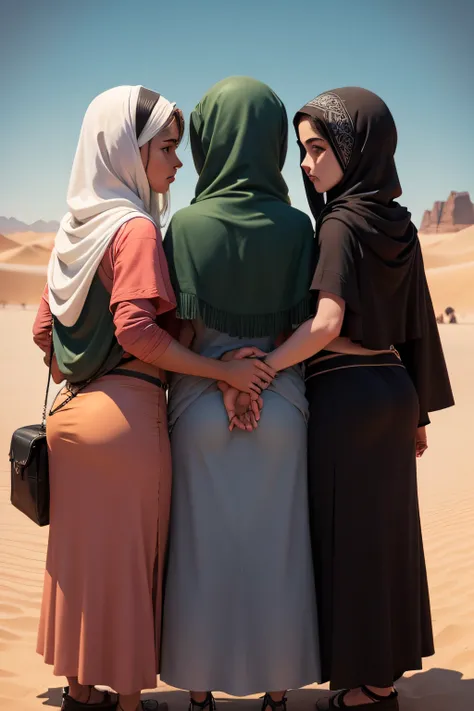 uma ilustracao realista com tres pessoas sendo um Islamico um Cristao e um Judeu juntos e se confraternizando sobre um fundo do deserto do oriente medio