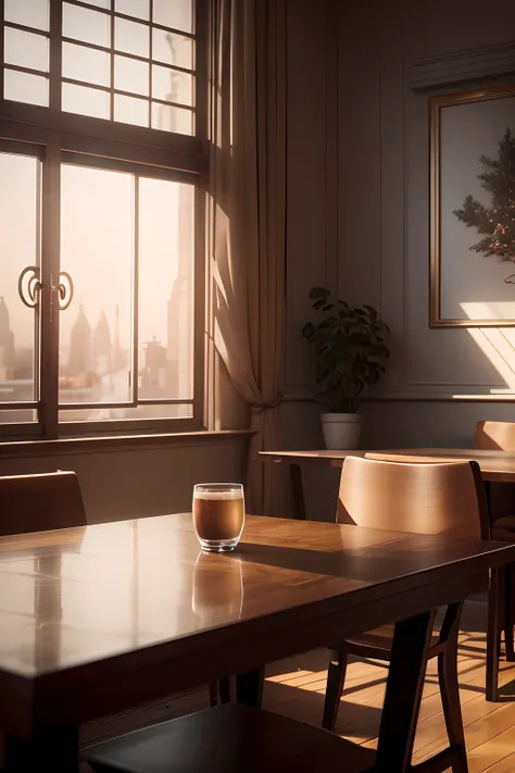 In this stunning image, a table sits at the forefront of a restaurant, adorned with a perfectly placed cup of coffee. The scene is devoid of any human presence, allowing the viewer to fully appreciate the intricate details of the photorealistic rendering.