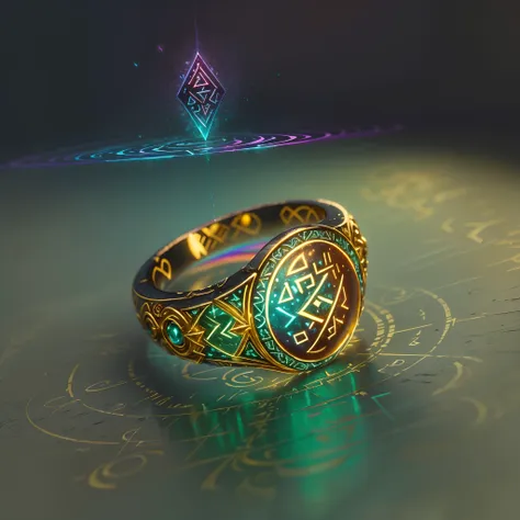 (best quality,4k,highres), front view, glowing rune ai,round golden ring with a fantasy magical vibe,elegant with intricate glow...