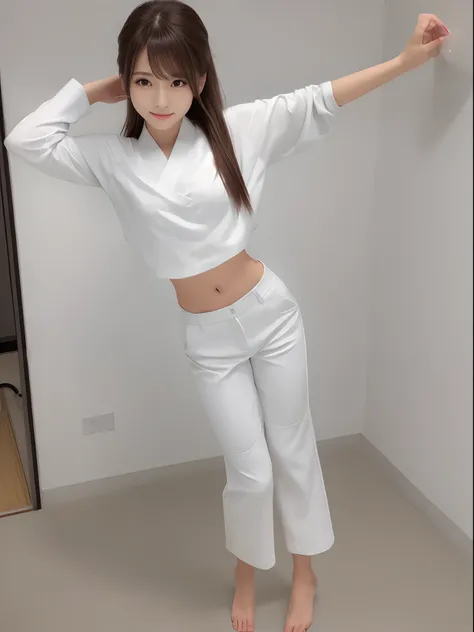 (Photorealsitic)(sixteen years old), Perfectly beautiful woman, (Full body 8K portrait), Large and dynamic hand and foot movements, White Karate Uniform, White karate pants, Large bust,Stand alone, Large and dynamic hand and foot movements, Make a high sid...