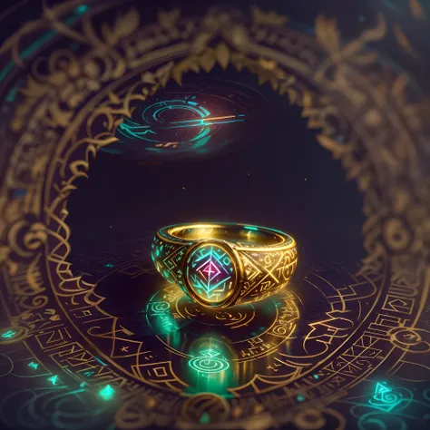 (best quality,4k,highres), front view, glowing rune AI,round golden ring with a fantasy magical vibe,elegant with intricate glowing runic lines,shiny and eye-catching,runic ring with a small, sparkling rainbow-colored diamond on top,together creating a har...