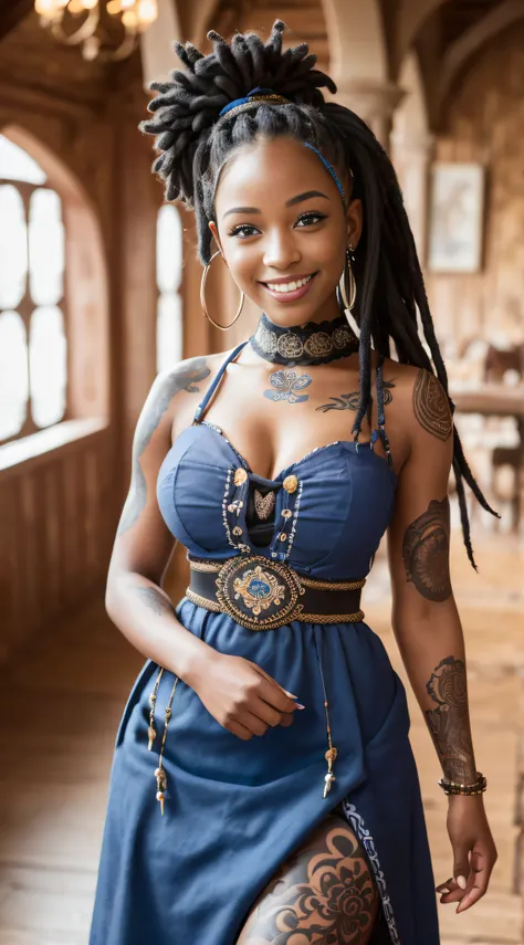 a portrait photo of a black girl, smiling, tattoo, blue dreads, (folk dress:1.3), Ukrainian short dress, pronounced feminine feature, insane details, intricate details, hyperdetailed, complex background, medieval tavern, indoors