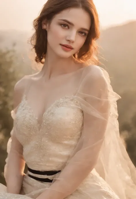 （1个Giant Breast Girl）Calm expression，mesmerizing eyes，（floated hair），（Flowing skirt），A calm posture，Porcelain-like skin，Subtle blush，Sapphire pendant，Break the golden hour，（edge lit）：（（1.2，a warm color palette，sunflare，soft shade，vivd colour，painterly effe...