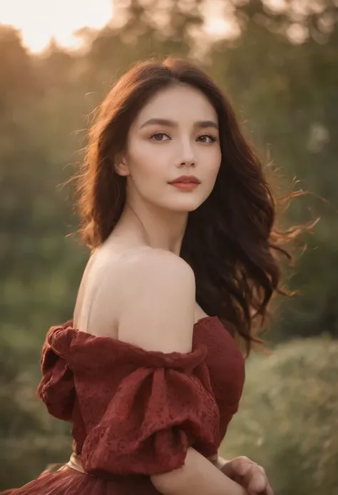 （1个Giant Breast Girl）Calm expression，mesmerizing eyes，（floated hair），（Flowing skirt），A calm posture，Porcelain-like skin，Subtle blush，Sapphire pendant，Break the golden hour，（edge lit）：（（1.2，a warm color palette，sunflare，soft shade，vivd colour，painterly effe...