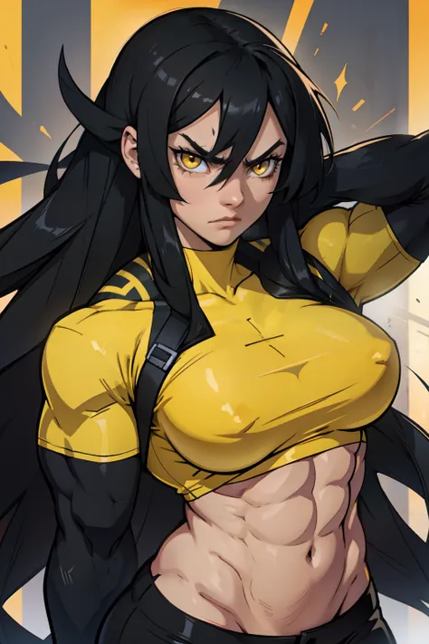 breasts very long hair yellow eyes black hair angry ((1 girl muscular))