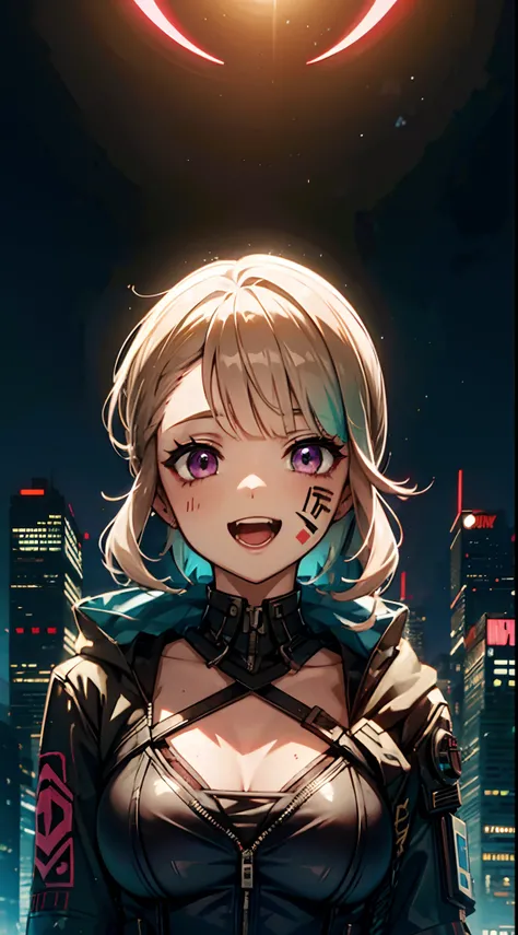 Graffiti face, eyes open, open mouth, yandere expression, smile, look at viewer, hand not visible, cyberpunk city, modern clothes, upper body, wearing sci-fi clothes