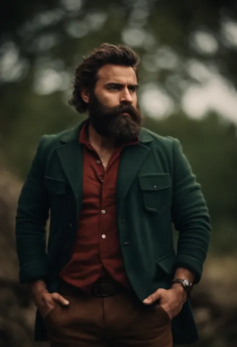 Brownish dwarf, medium brown beard, cabelo desarrumado castanho, camisa vermelha, jaqueta verde, navy blue pants