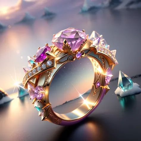 Product image of the ring，Gold ring set with purple gemstones，tmasterpiece，（Very detailed CG unity 8K wallpaper），（best qualtiy），（Most Best Illustration），（Best shadow），The background is a snow-capped Antarctic landscape，Transparent ethereal iceberg，A crysta...