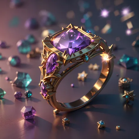 hyper hd, super detail, best quality, high details, 1080p, 16k, a high resolution，purple diamond ring，a ring with a sparkling su...