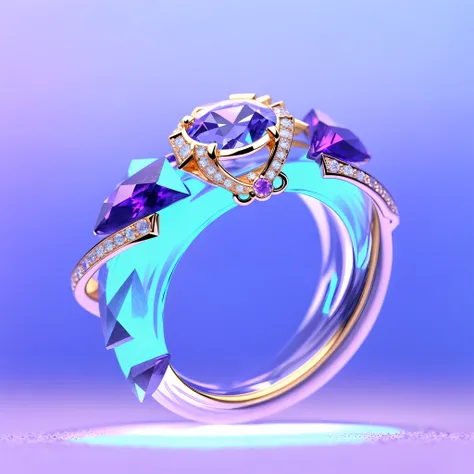 Product image of the ring，Gold ring set with purple gemstones，tmasterpiece，（Very detailed CG unity 8K wallpaper），（best qualtiy），（Most Best Illustration），（Best shadow），The background is a snow-capped Antarctic landscape，Transparent ethereal ice sculpture，（P...