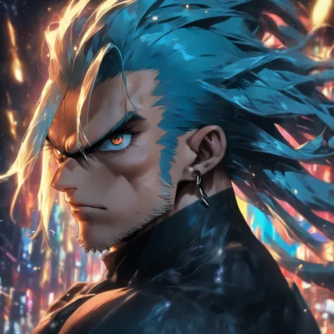 (best quality,ultra-detailed,realistic:1.37),a man with blue hair in a ponytail,beautiful detailed eyes,beautiful detailed lips,lean muscular build,confident expression,open black coat,visible six pack abs,stylish outfit,edgy fashion sense,dark background,...