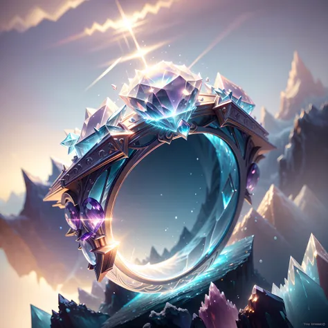 Product image of the ring，Gold ring set with purple gemstones，tmasterpiece，（Very detailed CG unity 8K wallpaper），（best qualtiy），（Most Best Illustration），（Best shadow），The background is a snow-capped Antarctic landscape，Transparent ethereal ice sculpture，（P...