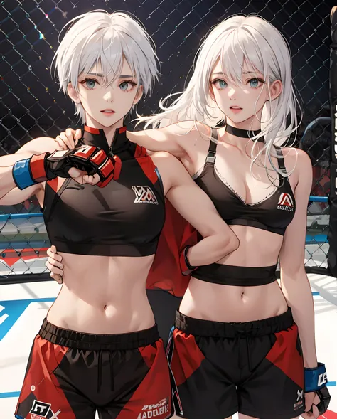 White haired female mma fighter wearing a bra