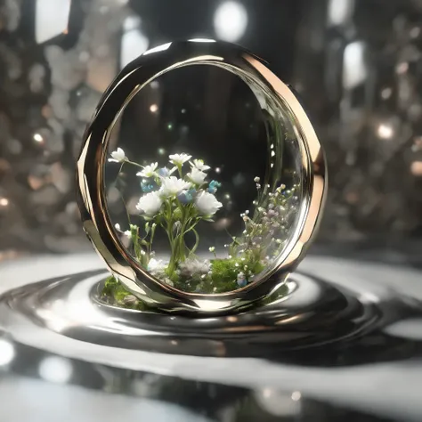 (Ring, metallic texture, details, focus:1.45),dark swamp ripple,a locked room with opened door,filled with irregular geometric fluid oil,splashing nebula,flowers,Vine,planet,black hole, grid,bubble,flickering space outside the door, (colored anime style, w...