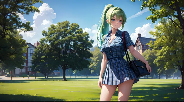 1girl, solo, full body, landscape, village, long hair, green hair, ponytail, large breasts, button down, cleavage, dark blue eyes, ((sky blue shirt)), ((checked shirt)), ((short sleeved shirt)), sport shoes, red checked mini skirt, smile, looking at the vi...