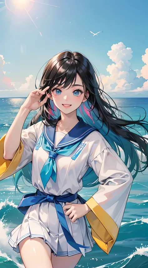 (最好质量:1.5)、(ultra hyper-detailed:1.5)、(Highest quality photos:1.5)、Beautiful schoolgirl、a very cute、Beautiful sea、horizon、Summer sky、Into the cloud、beach、1 persons、Staring at the clouds、Hefty Smile、