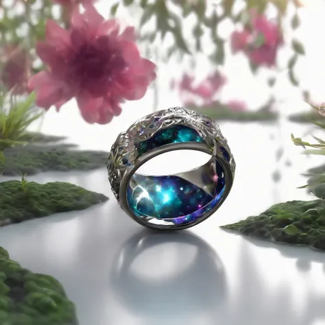 (Ring, metallic texture, details, focus:1.45),dark swamp ripple,filled with irregular geometric fluid oil,splashing nebula,flowers,Vine,planet,black hole, grid,bubble,flickering space outside the door, (colored anime style, white background: 1.45),