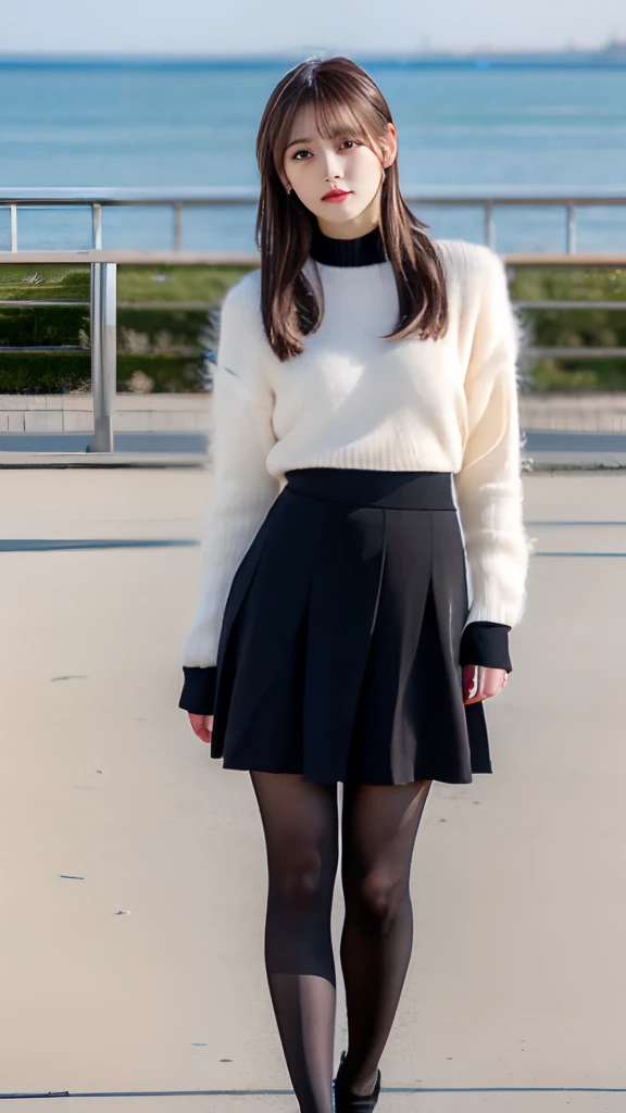 A beautiful young woman at a seaside park in winter wearing a middle length skirt and black pantyhose, full body portrait, detailed eyes, almond eyes, double eyelids, smart nose, small breast, semi long skirt, pantyhose