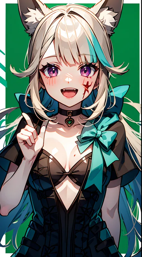 Graffiti face, colourful eyes, open mouth, yandere expression, smile, look at viewer, hand not visible, upper body, natural green background, asking for blood