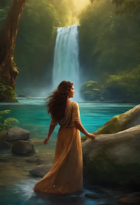 Isabela and the rug arrive at a shimmering waterfall in a magical world.
She and the carpet discover that water has magical healing properties.