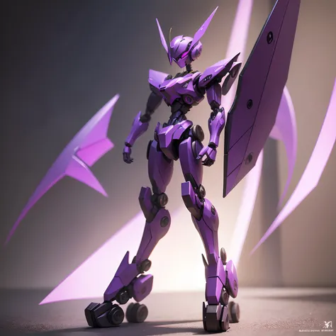 Create a purple-colored robot with a lightweight form factor with a thin arm and thin legs