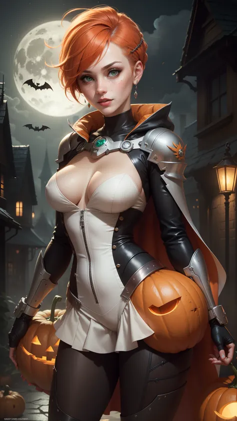 gwen tennyson,tracer,yorha 2b,rebecca chambers,atelier ryza,overwatch,1girl, close up,mecha pilot,halloween village, white and red plugsuit,hair pin,pirate corset,silver long sleeve lycra top,black leggings,short hair,cute makeup, green eyes,orange and gol...