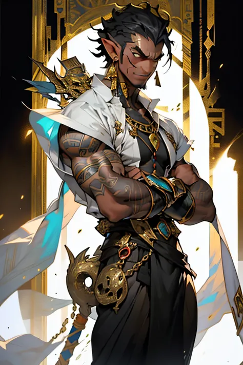 ((orcs_studio)), Beautiful Full Body Black Man, 30-years old, Egyptian Men, Egyptian adornments, muscular and perfect body, ((shores)), head covered with an Egyptian headdress, dark skin shiny with oil and sweat, Sphinx warrior in flimsy clothes, Small old...