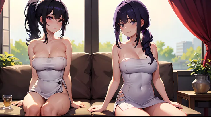 2girls, best quality, 4k, ((masterpiece)), extremely detailed, 8k, trending on ArtStation, Intricate, High Detail, Sharp focus, living room, 1girl, towel, black hair, solo, bucket, side ponytail, naked, purple eyes, long hair, breasts, cleavage, medium bre...