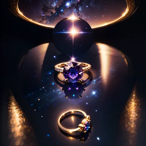 Masterpiece，highest  quality，(Nothing but the ring)，(No Man),Phoenix ring setting，starrysky，Wrapped around the end from beginning to end，Delicate gold ring，Starry sky in the ring,The sheen，inverted image，Sparkling blue-purple gemstones，Elegant and noble,si...