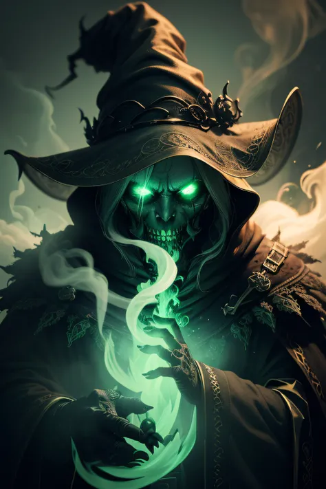 (very detailed 8k wallpaper), terrifying necromancer medium shot, ominous shadows, green smoke, intricate, high detail, dramatic, aura