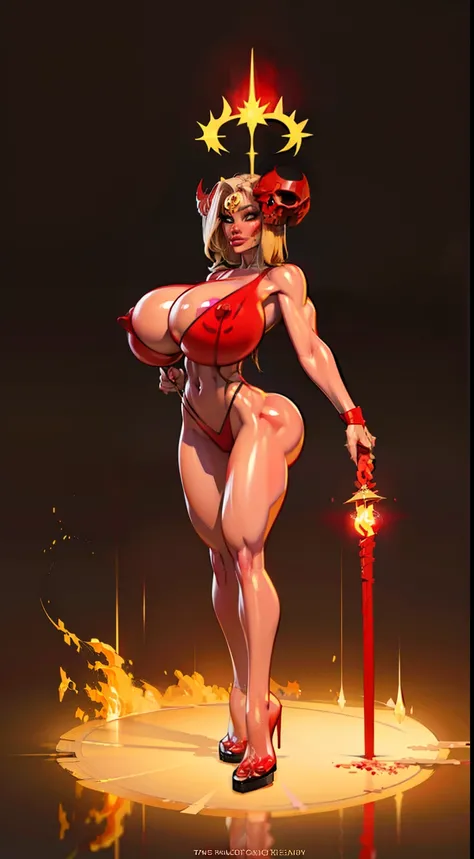 1girl, beautiful dark matter empress, detailed eyes, detailed face, mature face, athletic body, looking at viewers,full body, light smile,(huge breasts:1.7)detailed skin, colored skin(red skin:1.9), large horns on head, bald head,no hair,mature body, tall ...